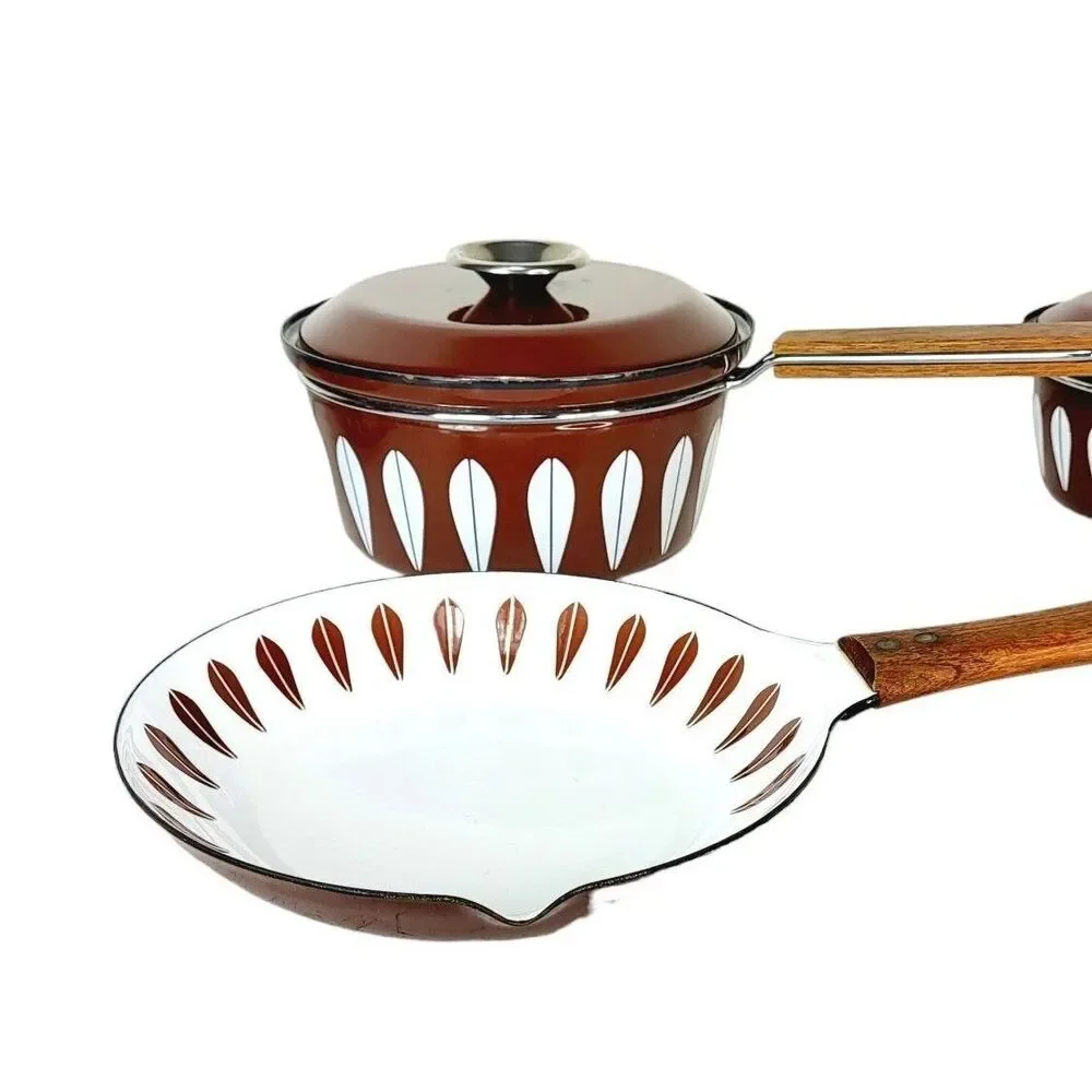 Vintage MCM Catherine Holm of Norway Brown Lotus Enamelware Pot & Pan 7 Pc Set